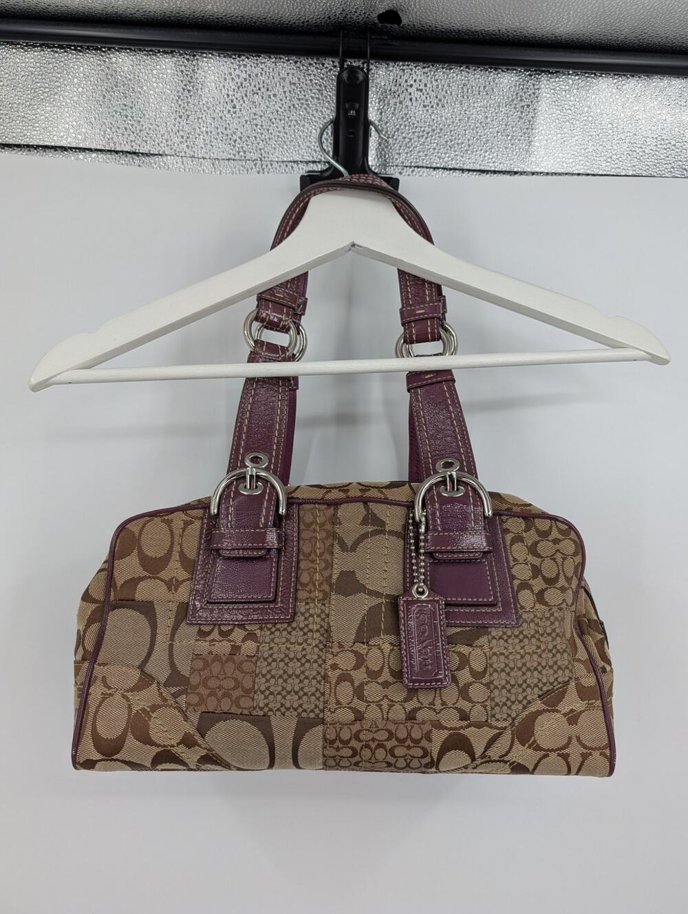 Coach F12317 Mia Soho Signature C Canvas Purple Burgundy Brown Bag Y2K Patchwork